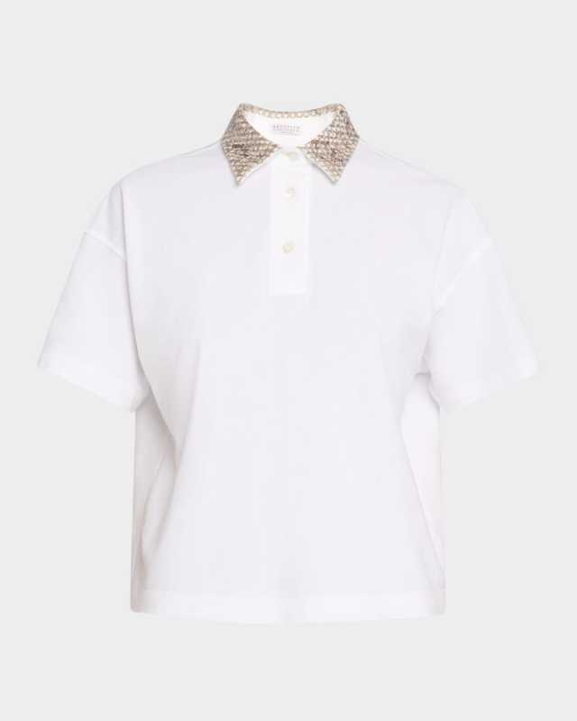 Embroidered Collar Cotton Piquet Polo Shirt